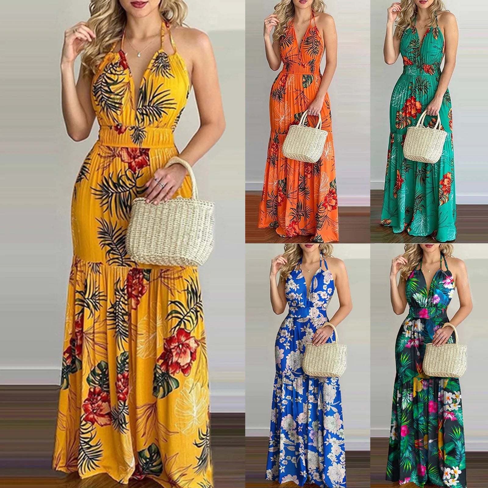 Women Tropical Print Halter Backless Maxi Dress