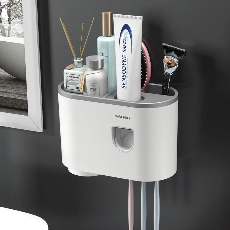 WIKHOSTAR Automatic Toothpaste Dispenser Multifunctional Storage Rack Wall Mounted Toothbrush Holder