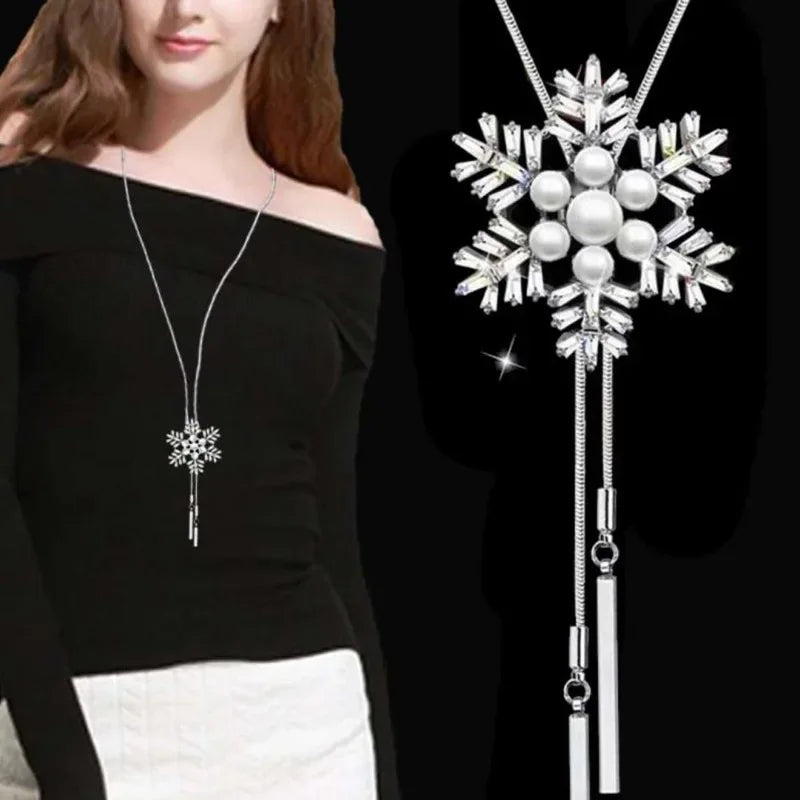 Snowflake Zircon Long Chain for Women Fashion Silver Color Crystal Maxi Necklaces & Pendants