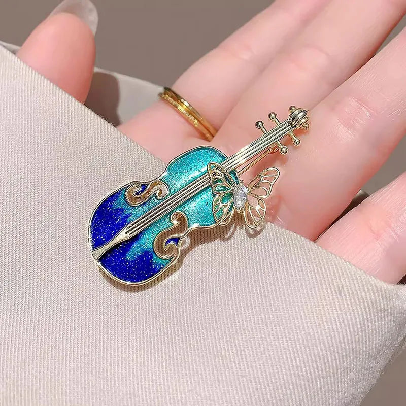 Exquisite Zircon Butterfly Violin Metal Brooch Women's