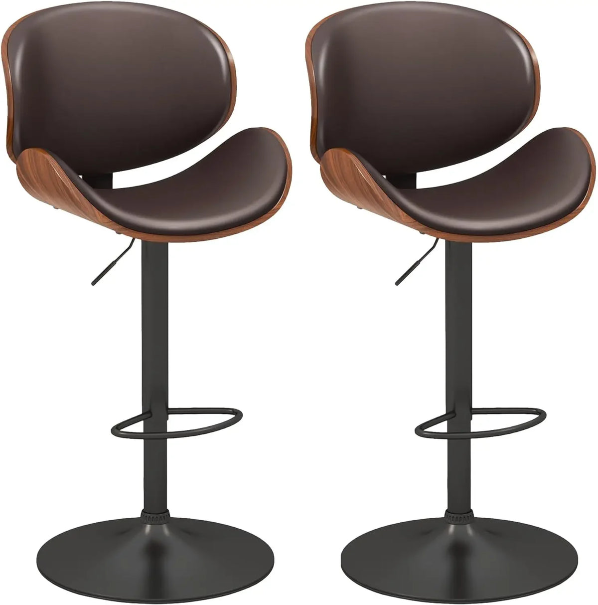 Set of 2, Swivel Adjustable Height Barstools, PU Leather Upholstered Bar Chairs with Footrest, Bentwood Bar Stool for Kitchen