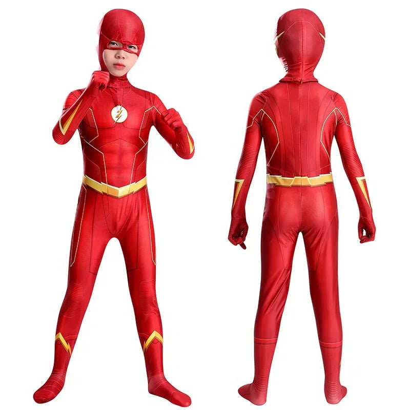 Anime Kids Flash Man Boys Cosplay Jumpsuit New Year Carnival Party Fancy Dress with Headgear Mask Sets