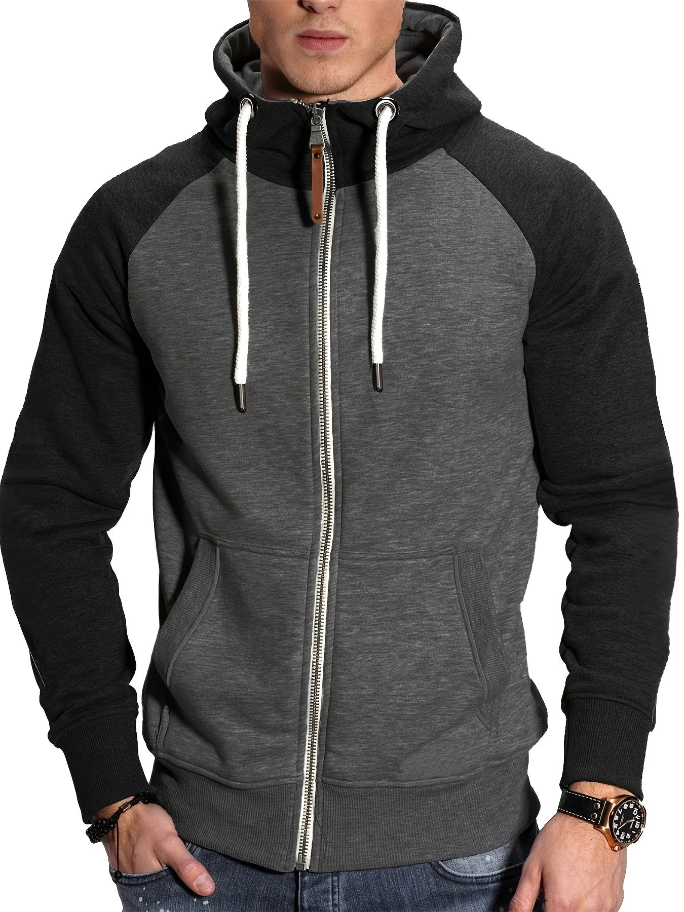 Men's Relaxed Fit Color Block Zip Up Hoodie Soft Slight Stretch Fabric Long Sleeve Placket Design