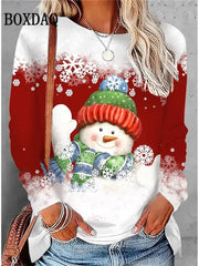 Christmas Snowflake Print T Shirt Casual Cute Cat Graphic O-Neck Long Sleeves Top