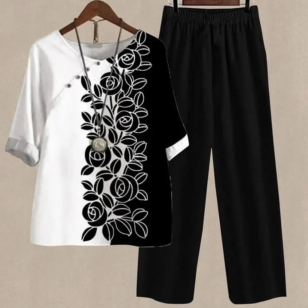 Women T-shirt Pants Set Contrast Color Floral Print Elastic Summer Tracksuit