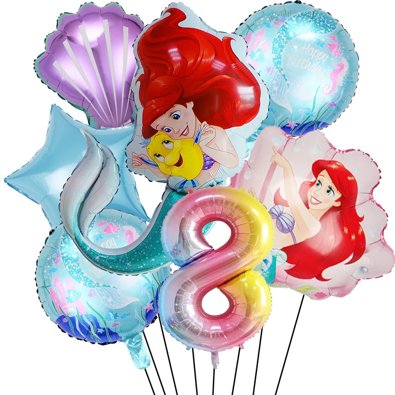 Little Mermaid Foil Balloons Set Digit 1-9 Years Old Baby Shower Mermaid Princess Themed Girls Borthday Party Decorations