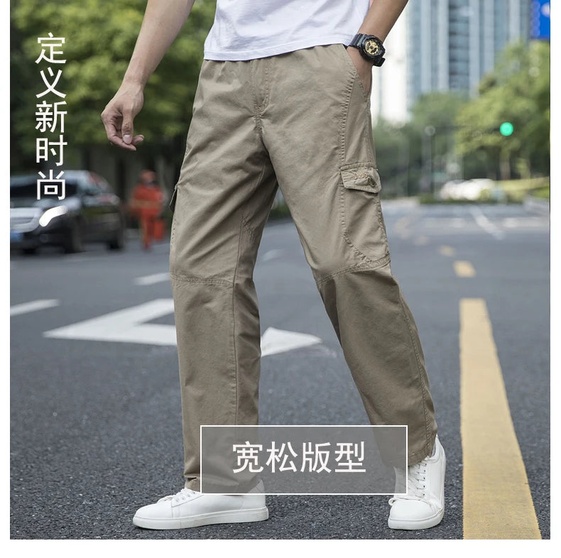 Summer Men's Green Pants Large Size Straight Fit Big Sizes Side Pockets Wide Leg Cotton Black Cargo Pants