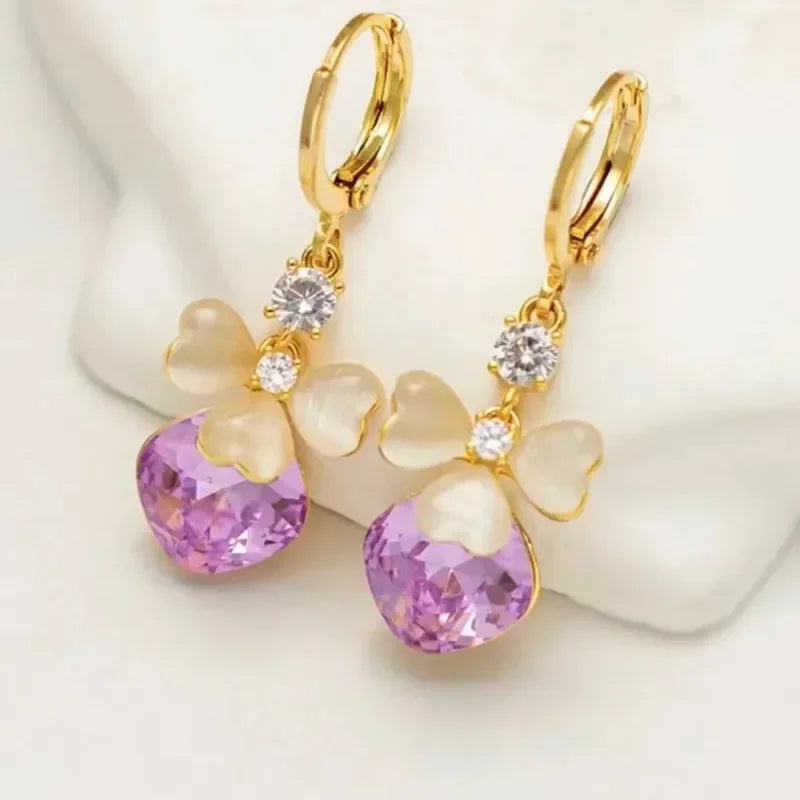 Unique Design Purple Crystal Opal Trefoil Earrings For Women Fashion