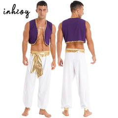 Mens Halloween Arabian Prince Costume Mythical Aladin Party Cosplay Fancy Dress Outfit Sequin Trim Waistcoat with Belted Pants