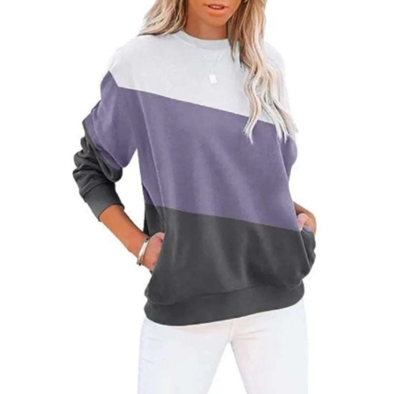 Women's color blocked casual long sleeved top with print round neck sweatshirt