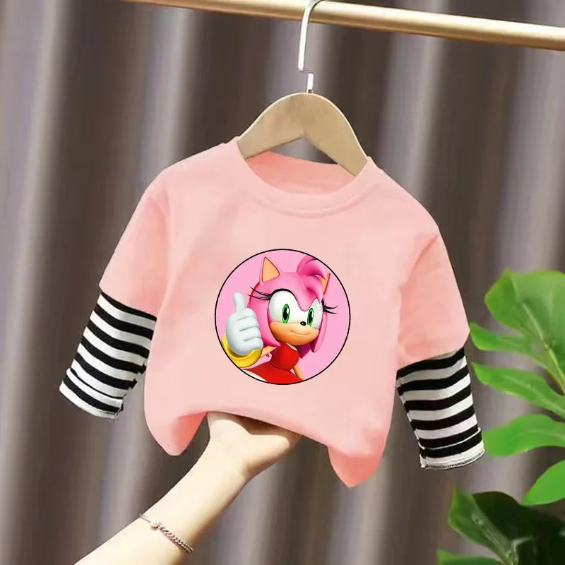 Sonics Kids Clothing Fashion All-match Letter Printing T-shirt Autumn Casual Loose Pure Cotton O-neck Pullover Long Sleeve Top