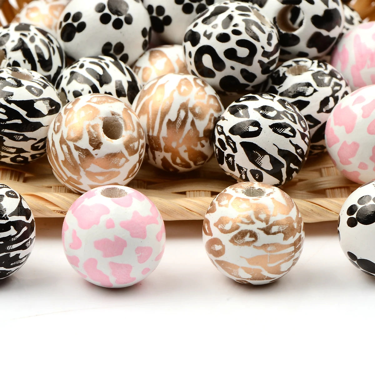Animal Print Series Round Wooden Beads Charms Large Beads DIY Decorations Crafts Kid's Jewelry Materials Baby Toys Accessories