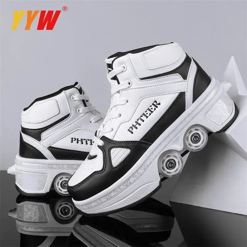 Casual Sneakers Walk Roller Skates Deform Runaway Four Wheel Skates for Adult Men Women Unisex Child Deform Wheel Parkour Shoes