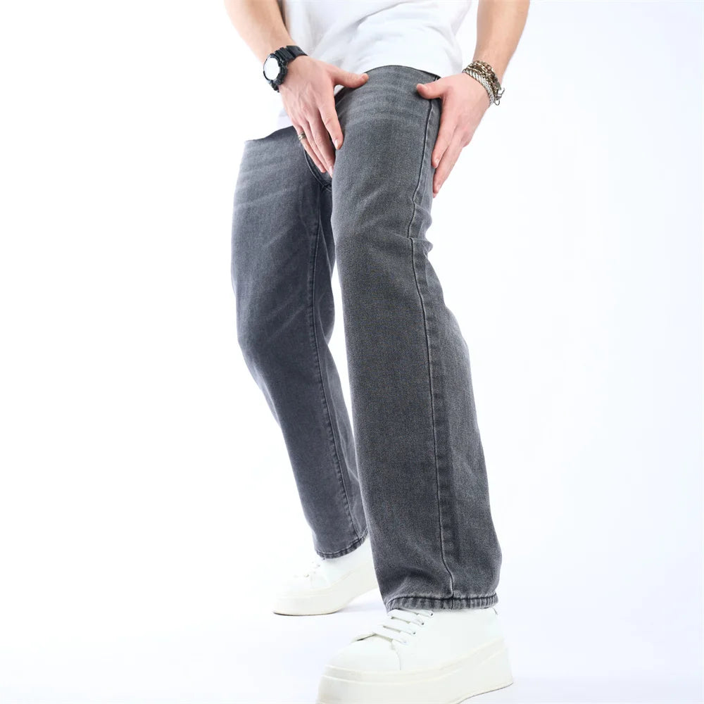 Simple Style Solid Loose Straight Jeans Trousers Stylish Streetwear Men's Jogging Casual Denim Pants