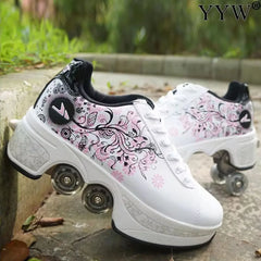 Casual Sneakers Walk Roller Skates Deform Runaway Four Wheel Skates for Adult Men Women Unisex Child Deform Wheel Parkour Shoes