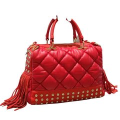 Soft Red Leather Women's Handbags Female Luxury Fashion Tassels Diamonds Rivet Bag