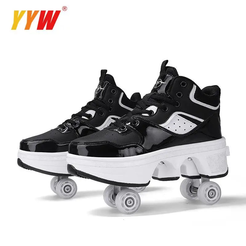 Four-Wheel Dual-Use Skating Shoes Double-Row Roller Student Men's Casual Sneakers Women's Men's Sport Walking Running Shoes