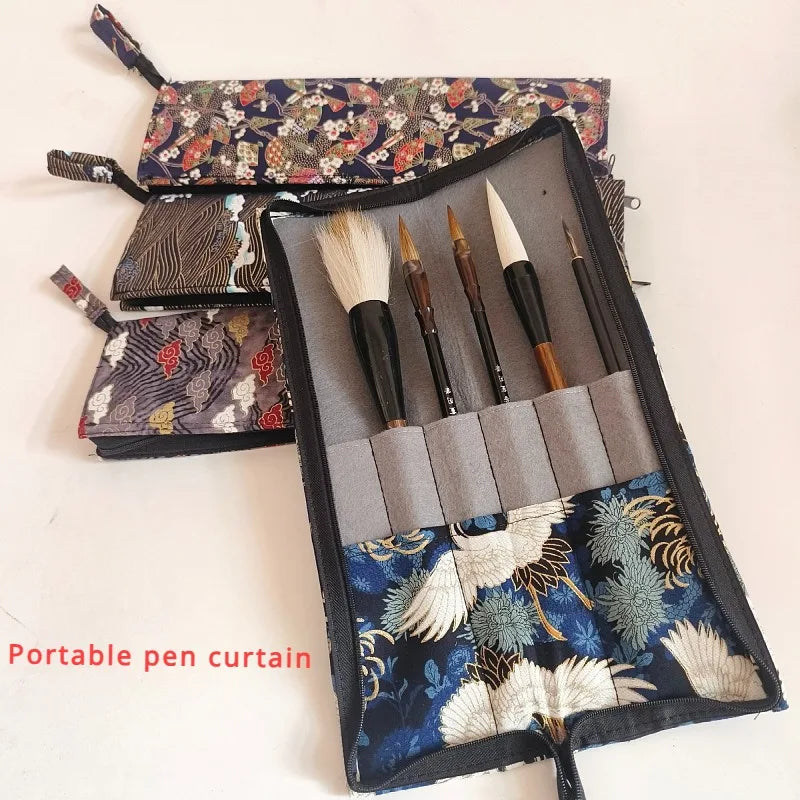 New Chinese Handmade Cloth Roll-up Pencil Bags Hot Gold Zipper Portable Brush Storage Bag  Writing and Painting Art Supplies