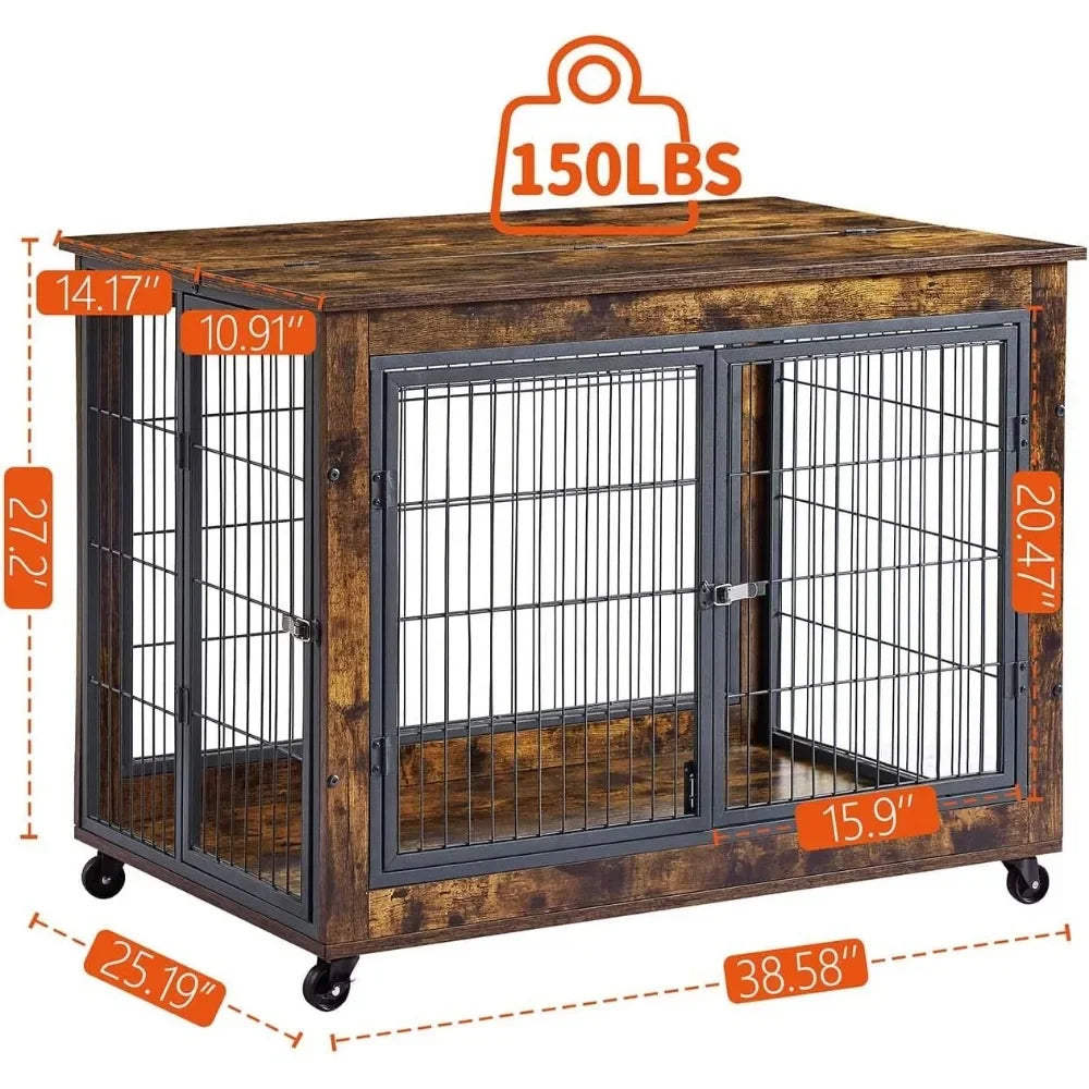 Wooden Dog Crate Table Furniture, Dog Kennel , Flip-up Top Opening and Wheels, Decorative Pet Crate  38.6"L x 25.2"W x 27.2"H