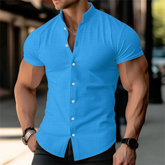 Men's stand up collar printed shirt solid color short sleeved button linen shirt