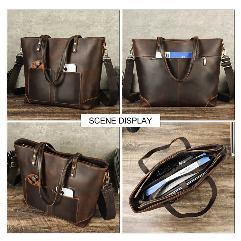 CONTACT'S Men Handbag Luxury Genuine Leather Shoulder Bag Designer Travel Handle Tote Bag Adjustable Strap Shopping Bags