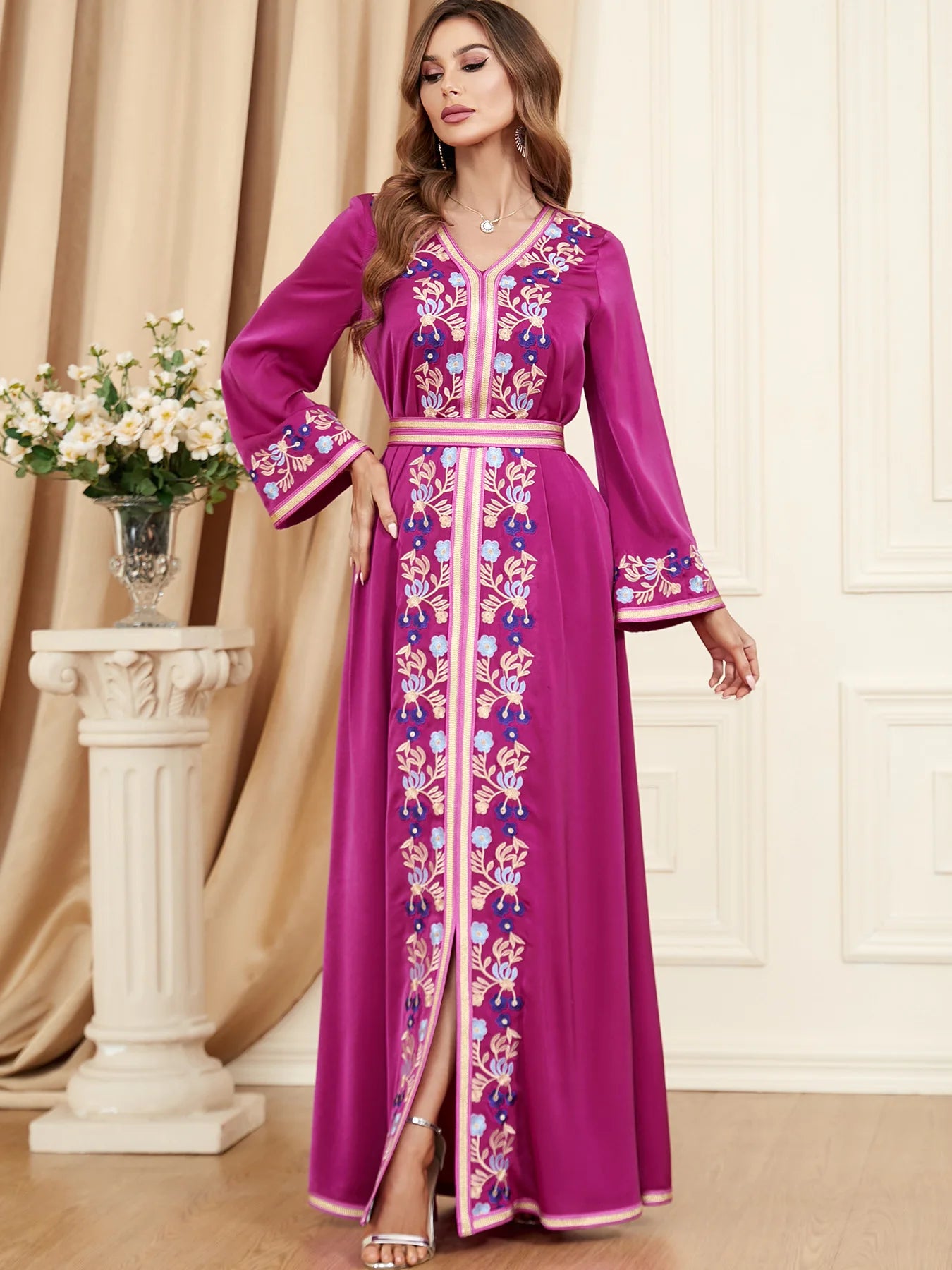 Maxi Dress Kaftan Floral Embroidered Women Fashion Jellaba Muslim Clothing Dubai Long Sleeve Abaya Ladies Evening Dresses 2024