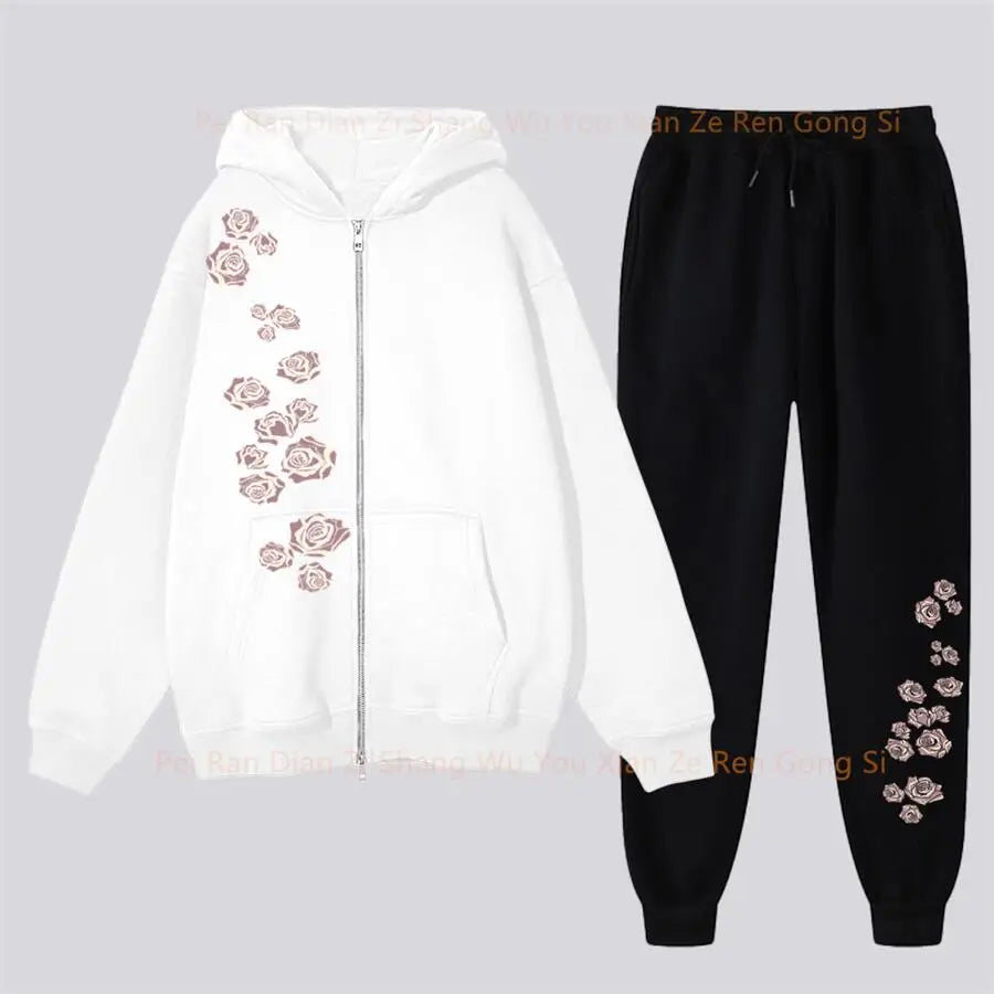 pants Sets Women's Hoodie and pants Two-piece Zipper High Quality Oversize Clothing Aesthetic Rose Graphic PrintFemale Tracksuit