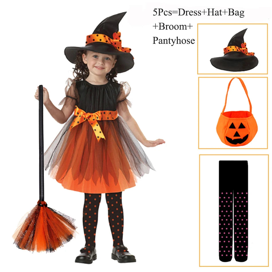 Girls Halloween Cosplay Kids Costume Children Gown Infant Witch Dress Clothing Set Hat Pumpkin Bag Pantyhose