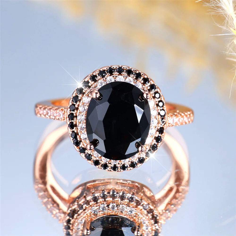 Luxury Black Zircon Stone Oval Rings For Women