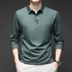 New Men's Business Casual Long Sleeved Shirt with Badge Solid Color Polo Shirt Fashionable Breathable Comfortable Versatile Top