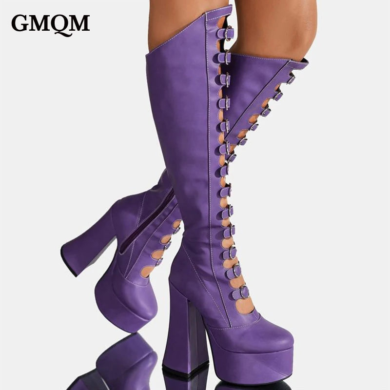 GMQM Platform Fashion Women‘s The Knee Boots High Heels Thick Sole Breathable Shoes Pumps Chunky Super Heel Round Toe Long Boots