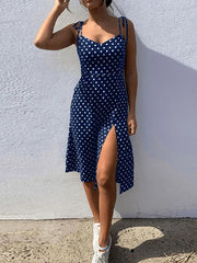 Sundress Summer Women Causal Polka Dot Sleeveless High Pleated elastic waist V-Neck Beach Dress