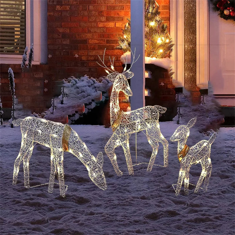 Iron Art Elk Deer Christmas Garden Decoration With LED Light Glowing Glitter Reindeer Xmas