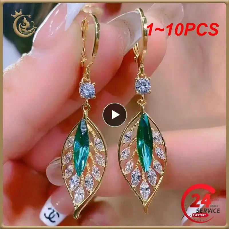 New Fashion Golden Leaves Earrings Earrings for Women Green Crystal Earrings