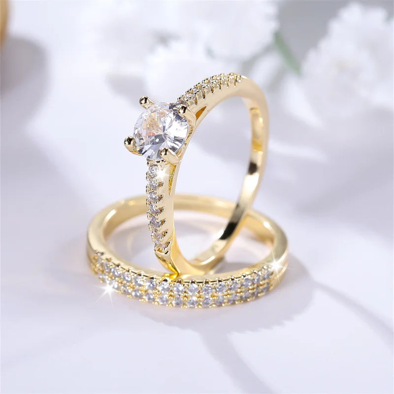 2pcs Female Round Gold Color White Zircon Stacking Couple Ring Set