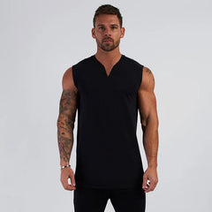 Cotton V-neck Fitness Tank Top Men Summer Muscle Vest Gym Clothing