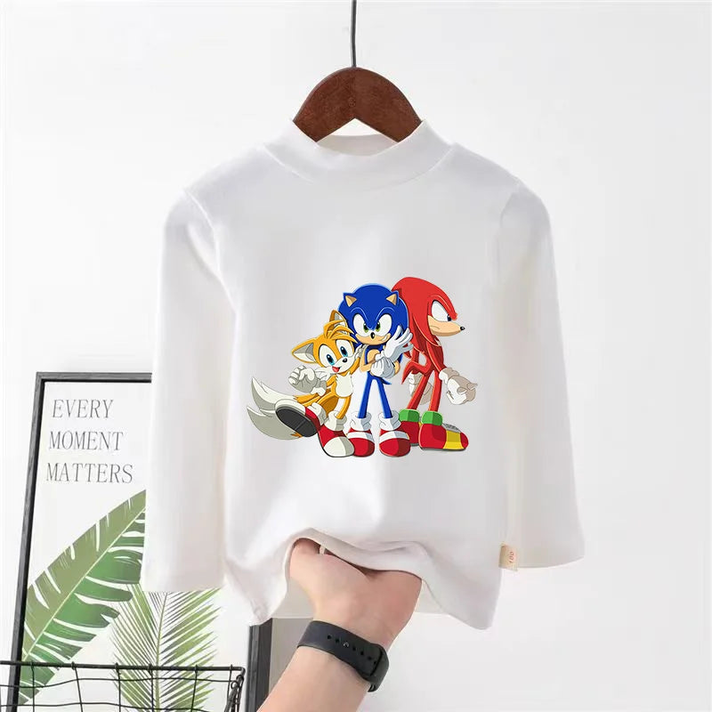 Sonics Print Long Sleevese Pure Color Women T-shirt Top Cotton Casual Cute Cartoon Anime Sweat Absorbent Breathable Shirt Kids