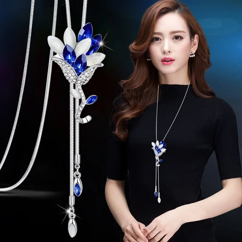 Snowflake Zircon Long Chain for Women Fashion Silver Color Crystal Maxi Necklaces & Pendants