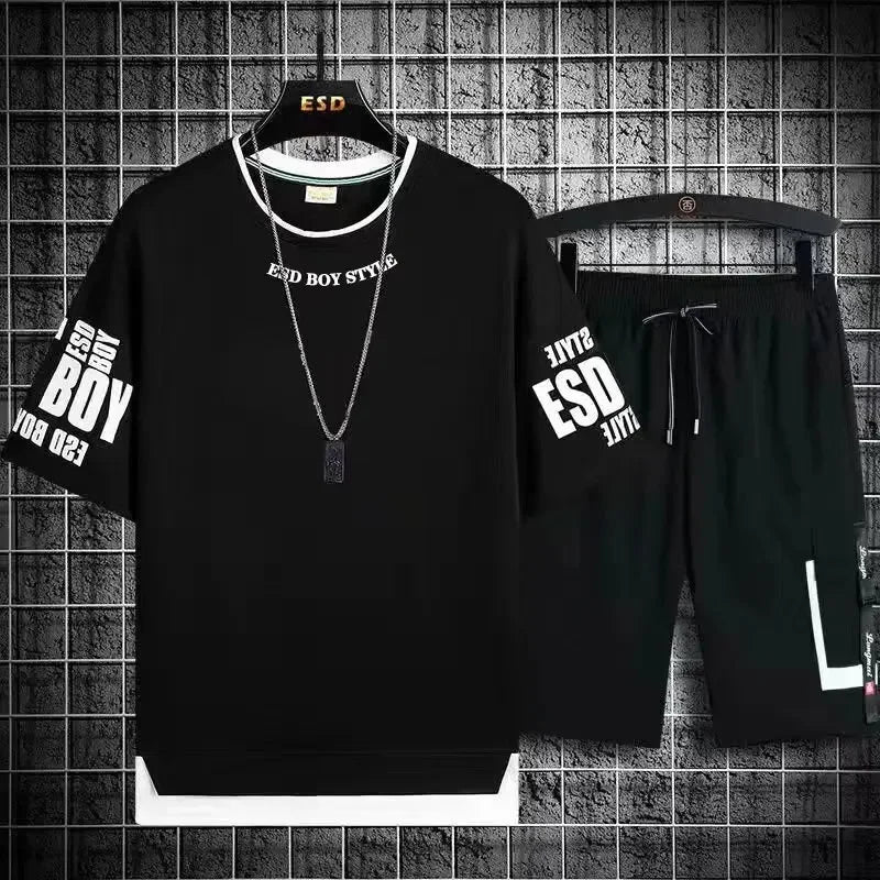 Mens Summer Short Sets Graphics T-shirt+Shorts Two Piece Set