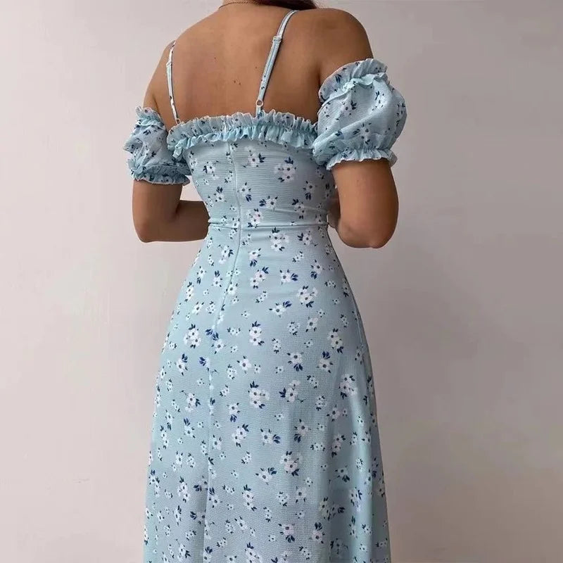 Women Elegant Off Shoulder V Neck Long Dress Sling Ruffle Strapless Slit Party Dress Spring Floral Print Slim Dress