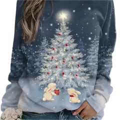 Festive Christmas Tree Print Sweatshirt - Soft Casual Long Sleeve CrewNeck, Relaxed Fit, Women's Winter Clothing Holiday Gift