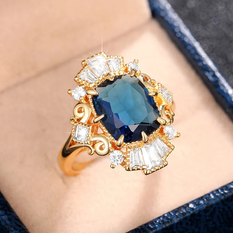 Blue Cubic Zirconia Lady Rings for Vintage Party Temperament Elegant Women Finger-ring