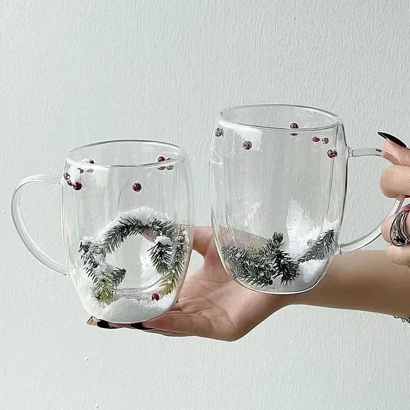 Double Wall Glass Cup Christmas Pine Leaf Snow Scene Coffee Cup Anti Scalding Heat Insulation Water Cup Xmas Gift Mug