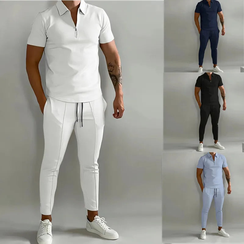 Boom Men's High-end Solid Color Lapel Zipper Short Sleeve Trend Youth Casual Sports Pants Suit