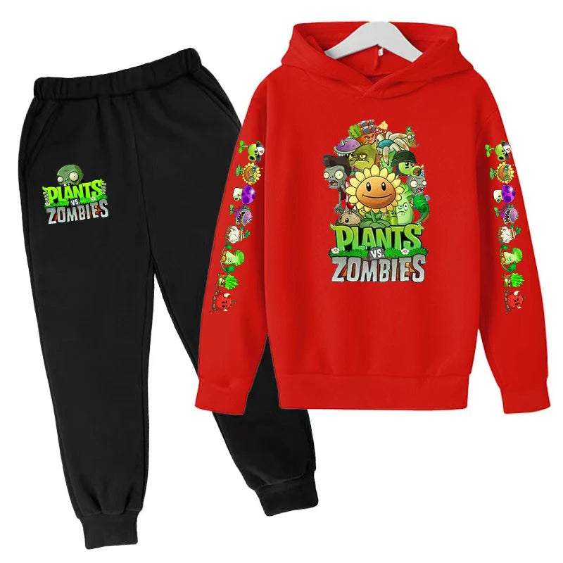 Kids Hooded Pullover Popular Game Plants vs. Monster Print Boys/Girls Top/Pants Clothing Set