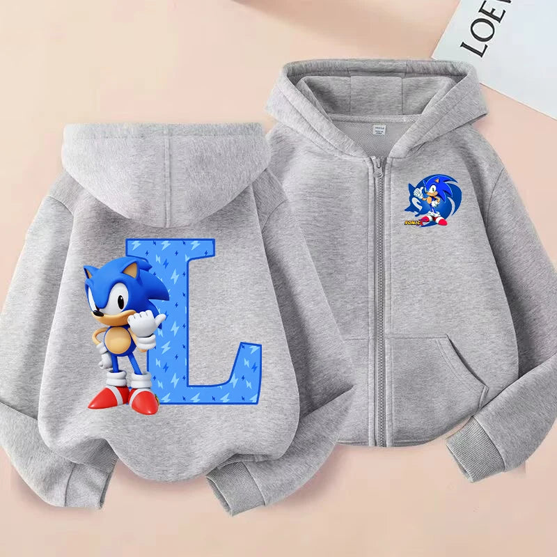 New Sonics Boys Zip-up Hoodies Kids Anime Hoodie Cartoon Letter Printed Tops Winter Warm Jacket Coat Autumn Children Clothing