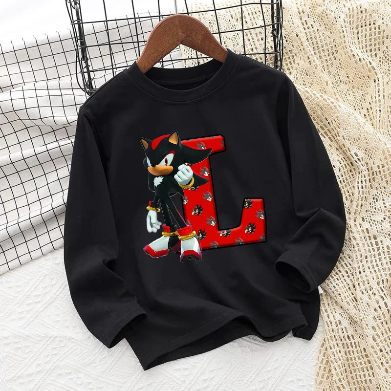 Sonics Kids Long Sleeves T-shirts Anime Print Letter Tee Spring Fall Thin Tops Cotton Children Crewneck Clothes Bottoming Shirt