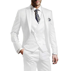 White Men Wedding Suits Groom Wear Peak Lapel Wedding Groom Tuxedos Business Party Suit 3 Pieces (Jacket+Vest+Pant）Costume Homme