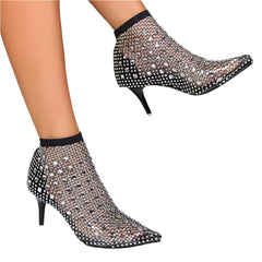 Women Hollow Out Full Sandals Rhinestone Mesh Summer Ankle Boots Pointed Toe Fashion Shoes