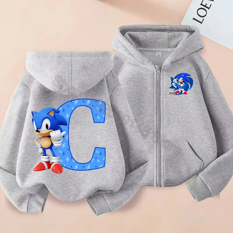 New Sonics Boys Zip-up Hoodies Kids Anime Hoodie Cartoon Letter Printed Tops Winter Warm Jacket Coat Autumn Children Clothing